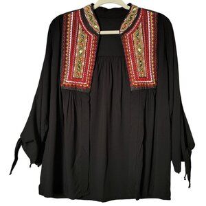 Moda Cache Womens Black Mexican Embroidered Artisan Peasant Open Front Top Large